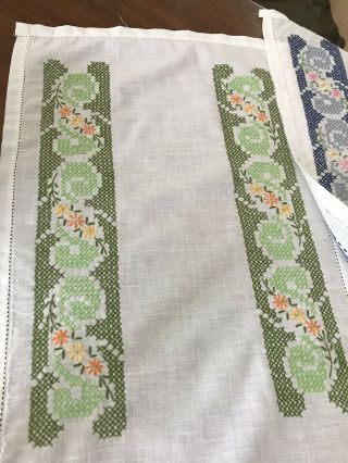 Vintage Linen Table Runner Dresser Scarf Embroidered Blue & Green Set of 2 (11) 4