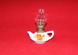 Vintage Japan Small White Orange Floral Aladdin Oil Lamp With Hurricane Glass