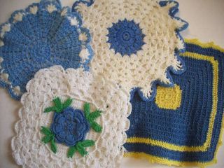 4 Blue Rose Crocheted Potholders Hot Pads Pot Holders Handmade G