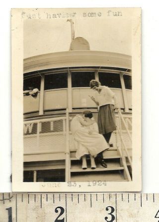 Vintage Photo 2 Women Kiss Friend Looks On.  1920s Snapshot Gay Lesbian Interest