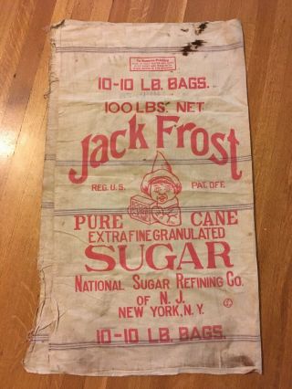 Vintage Jack Frost Sugar Sack Fabric W/ Elf National Sugar Refining 100 Lbs Bag