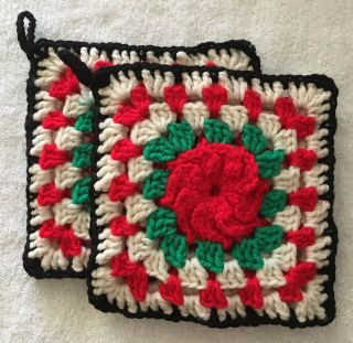 Handmade Crocheted Pot Holders Trivets Hot Pads Red Rose Set Of 2