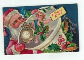 Antique Embossed 1910 Christmas Post Card Santa Elf Gold Foil Watch Bell