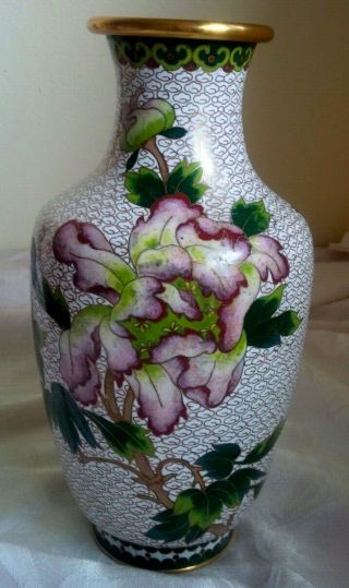 Awesome Vintage Old School Chinese Cloisonne Enamel Floral Bird Copper Vase 10 "