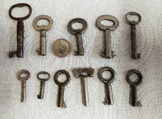 11 Vintage Small Hollow Cabinet Doors,  Lock Box Skelton Keys