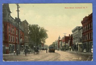 Cortland,  Ny,  Main Street,  Trolley,  Horse & Buggy,  Store Fronts Postcard 1911