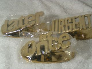 Vtg.  Set Of 3 Solid Brass Mcm Desk Paper Weight Clips : At Once,  Later & Urgent