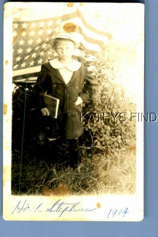 Real Photo Rppc M,  7674 Boy In Suit And Hat By American Flag