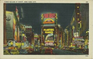 Times Square At Night Planters Peanuts Vaudeville Sign Nyc 1947 Linen Postcard