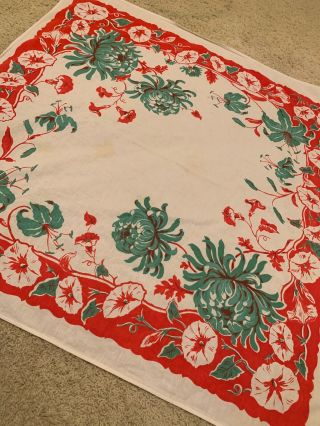 Vtg Mid Century Cotton Print Tablecloth Overlay Or Towel Chrysanthemums Poppies