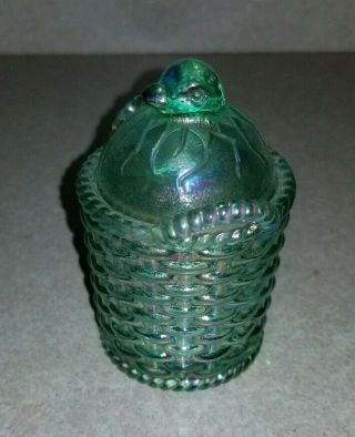 Small Fenton Green Glass Basket W/ Chicken Bird Hen Lid Trinket Jar Holder