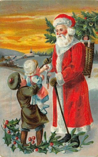 Long Robe Santa Claus With Children & Baby Antique Christmas Postcard - C676