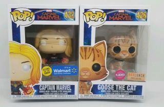 Funko Pop Captain Marvel Gitd Wal - Mart & Flocked Goose The Cat Box Lunch Excl.