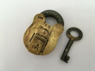 Old Vintage Solid Brass Padlock Lock With Key Rich Patina Rear Bird Marking
