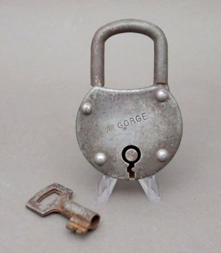 French,  Antique Large Iron Padlock With Key.  By Gorge.