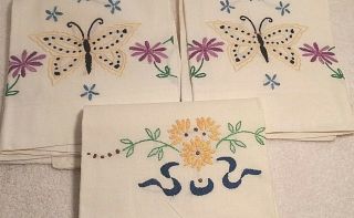 Vintage Hand Embroidered Pillowcases - 1 Matching Set W/butterflies And One Other