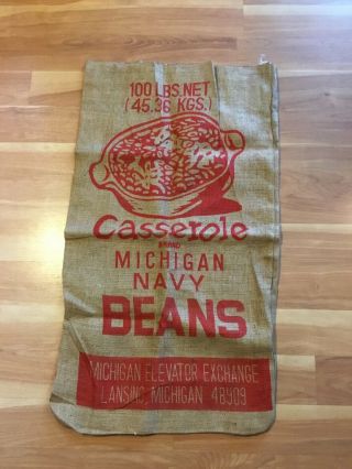 Vintage Burlap Bag Sack 100 Lbs Casserole Decor Michigan Navy Beans Lansing