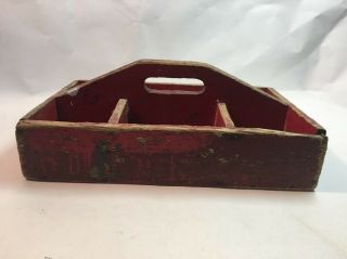 Vintage Distressed Red Painted Wood Tool Caddy Handle Divided Storage Box
