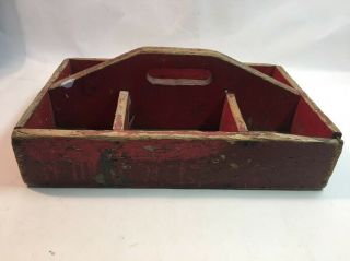 Vintage Distressed Red Painted Wood Tool Caddy Handle Divided Storage Box 2