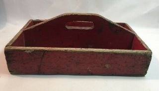 Vintage Distressed Red Painted Wood Tool Caddy Handle Divided Storage Box 5
