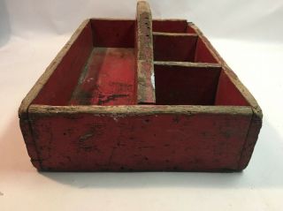 Vintage Distressed Red Painted Wood Tool Caddy Handle Divided Storage Box 6