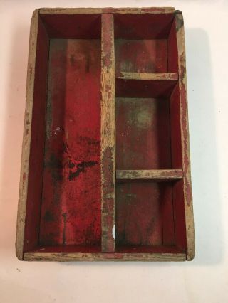 Vintage Distressed Red Painted Wood Tool Caddy Handle Divided Storage Box 7