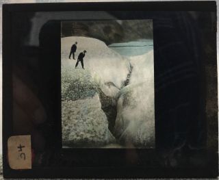 1900s Men Looking Down A Glacier Alaska Glass Photo Transparency Lantern Slide