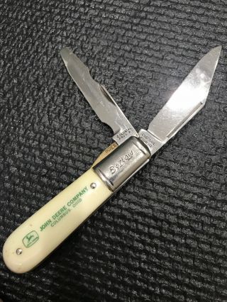 Ntsa John Deere Co Barlow Pocket Knife 3.  5 " White Handle Jack Knife Usa Case