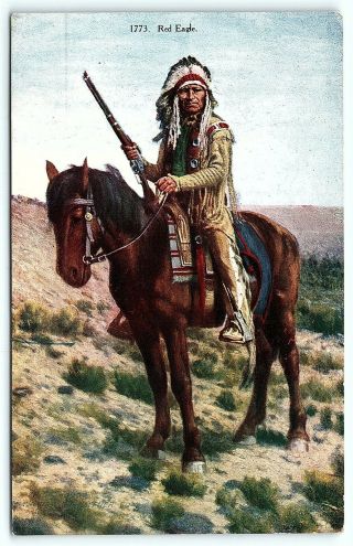 Vtg Postcard Antique Native Red Eagle Rifle Horse Advertising Lopez Indian A5