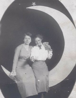 1920s Rp Postcard Clarksburg Wv 2 Lovely Ladies Seated On Paper Moon Novelty