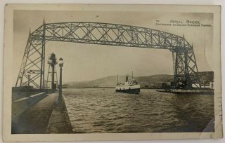 Antique Duluth Aerial Bridge Linen Postcard View Of Ship In Harbor 1912