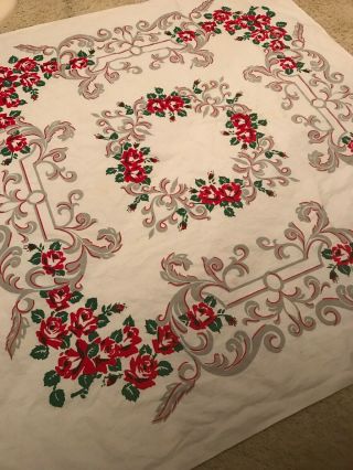 Vtg Mid Century Cotton Print Tablecloth Roses Red Gray Green White