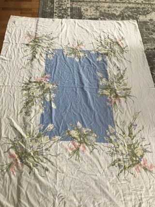 Vintage 1950 - 60’s Blue Bouquet Floral Tablecloth Shabby Cottage Chic French