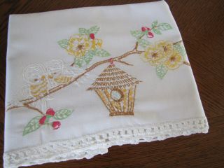 Vintage Single Pillowcase Embroidered Crocheted Basket Lavender Cherry Blossoms