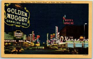 Las Vegas,  Nevada Postcard Fremont Street Night Scene Curteich Linen C1940s