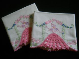 Vtg White Cotton Southern Belle Pillowcases - Pink Crocheted Skirt - Arbor