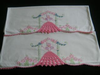 Vtg White Cotton Southern Belle Pillowcases - Pink Crocheted Skirt - Arbor 2