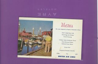 United Airlines Issued Gloucester Harbor Mass.  Themed 50s Menu Postcard 1