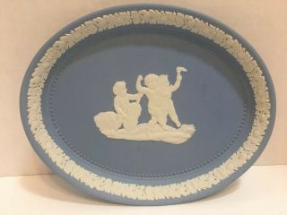 Wedgewood Blue Jasperware,  Frolicking Cherubs Oval Platter Tray Dish 7 3/8 "