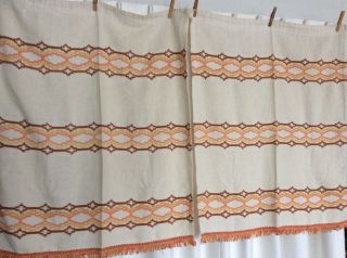Pair Vintage Mid Century Kitchen Curtains Orange Brown Woven Fringe 29” W 35” L