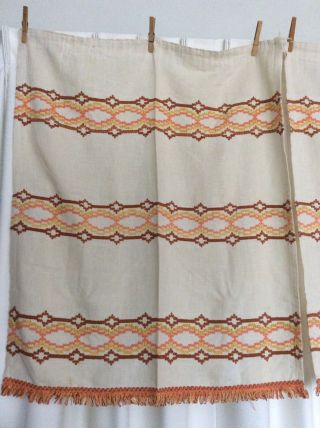 Pair Vintage Mid Century Kitchen Curtains Orange Brown Woven Fringe 29” W 35” L 2