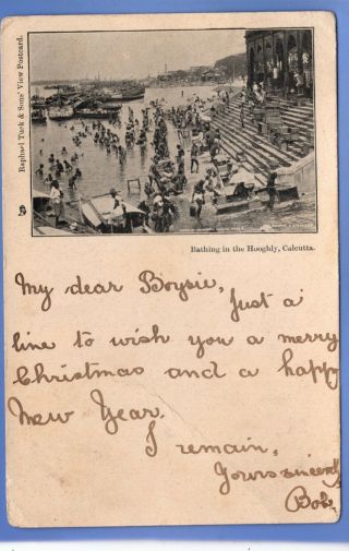 Old Vintage 1904 Tuck Postcard Bathing In The Hooghly Calcutta India