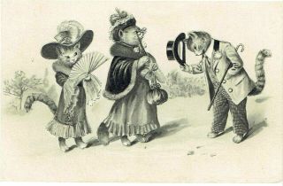 Early 1900s Artist Drawn Old Postcard Anthropomorphic Cats In Victorian Dress Ub