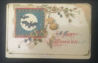 Vintage Halloween Postcard Saxony Bats,  Black Cats And Jack O Lanterns (2a)