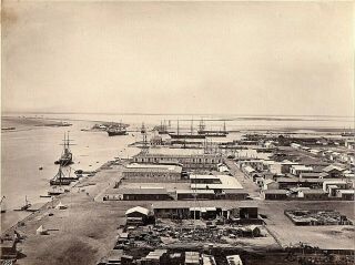 61986.  Ca 1885 Albumen Photo Port Said Egypt Ships Warehouses Workshops