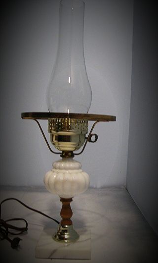 Vintage Mid Century Lamp Marble Base Milk Glass Brass Wood Center Chimney Shade