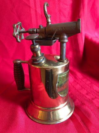Antique Turner Brass Blow Torch With Wood Handle