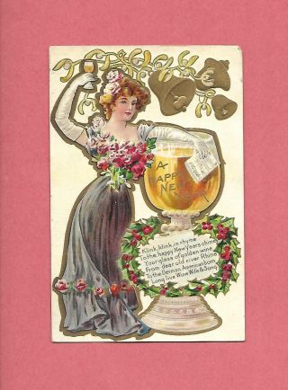 Lovely Lady Toasts The Year On Wonderful Vintage 1910 Postcard