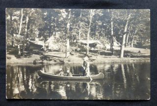 Rppc Camp On Lake,  Tents,  Indians In Canoe,  Postmarked Portland,  Me,  1920
