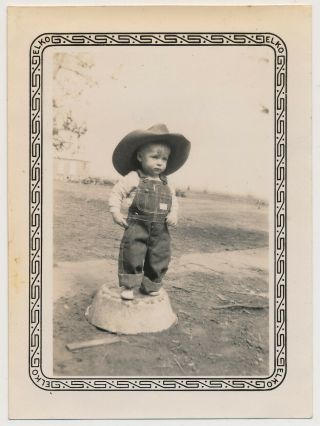 Cute Little Farm Boy Models Cowboy Hat & Oshkosh Overalls Vtg 1920 